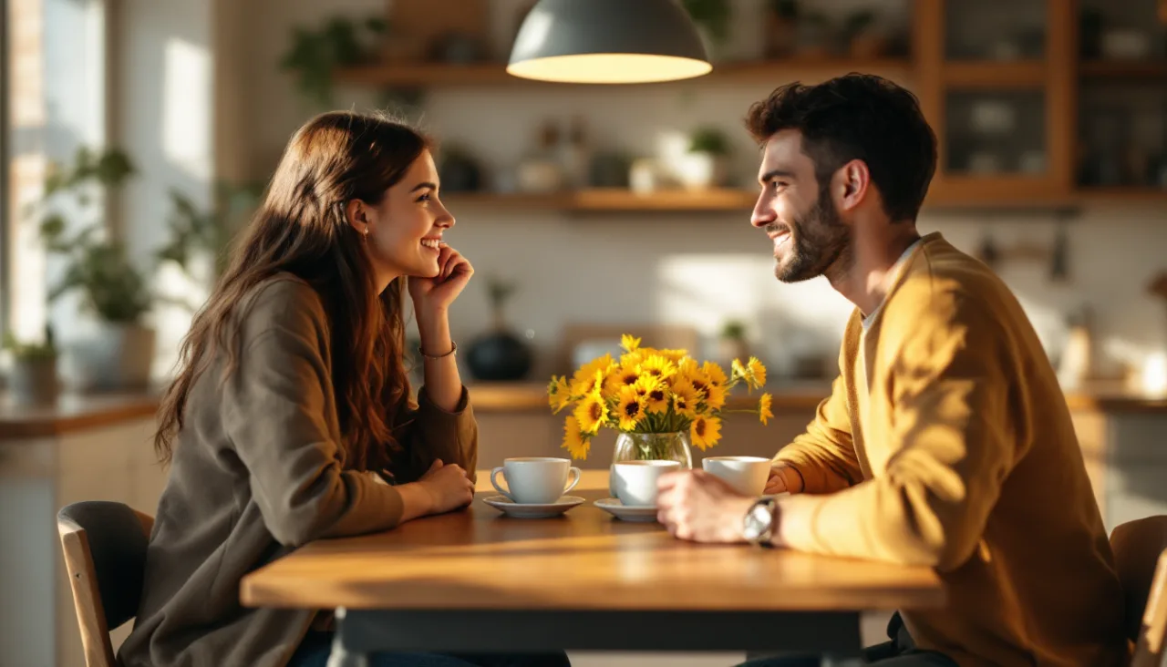 Un couple discute calmement face à face autour de la table