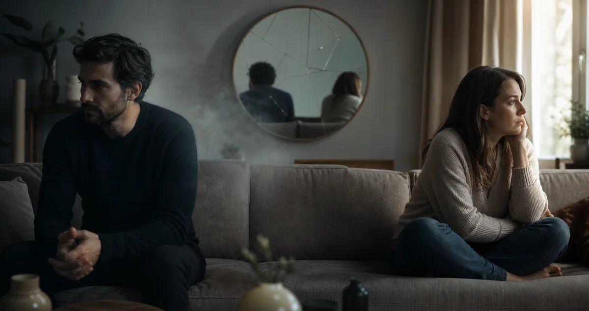 Deux personnes dans un salon moderne, séparées par une atmosphère de tension et de confusion, symbolisant une dynamique d’emp