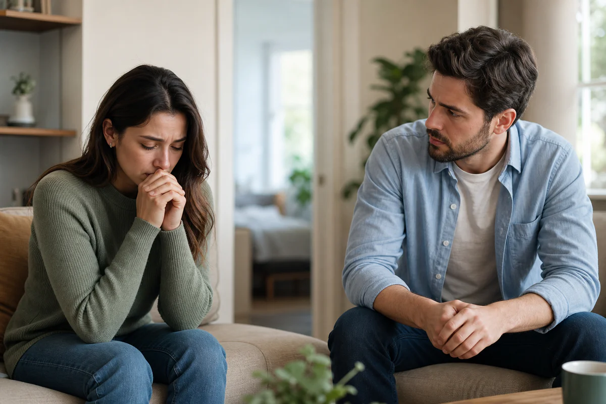 Un couple assis à distance dans un intérieur calme après une dispute, exprimant tension, hypersensibilité et volonté d'apaise