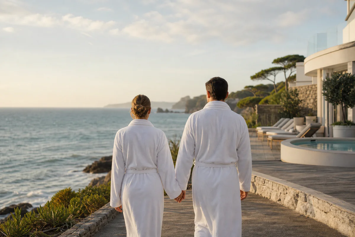 Un couple en peignoirs marche main dans la main face à la mer lors d'un séjour thalasso romantique.