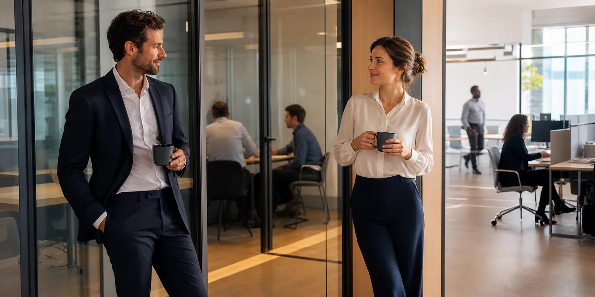 Deux collègues dans un bureau moderne illustrant une relation amoureuse au travail avec des limites professionnelles claires.
