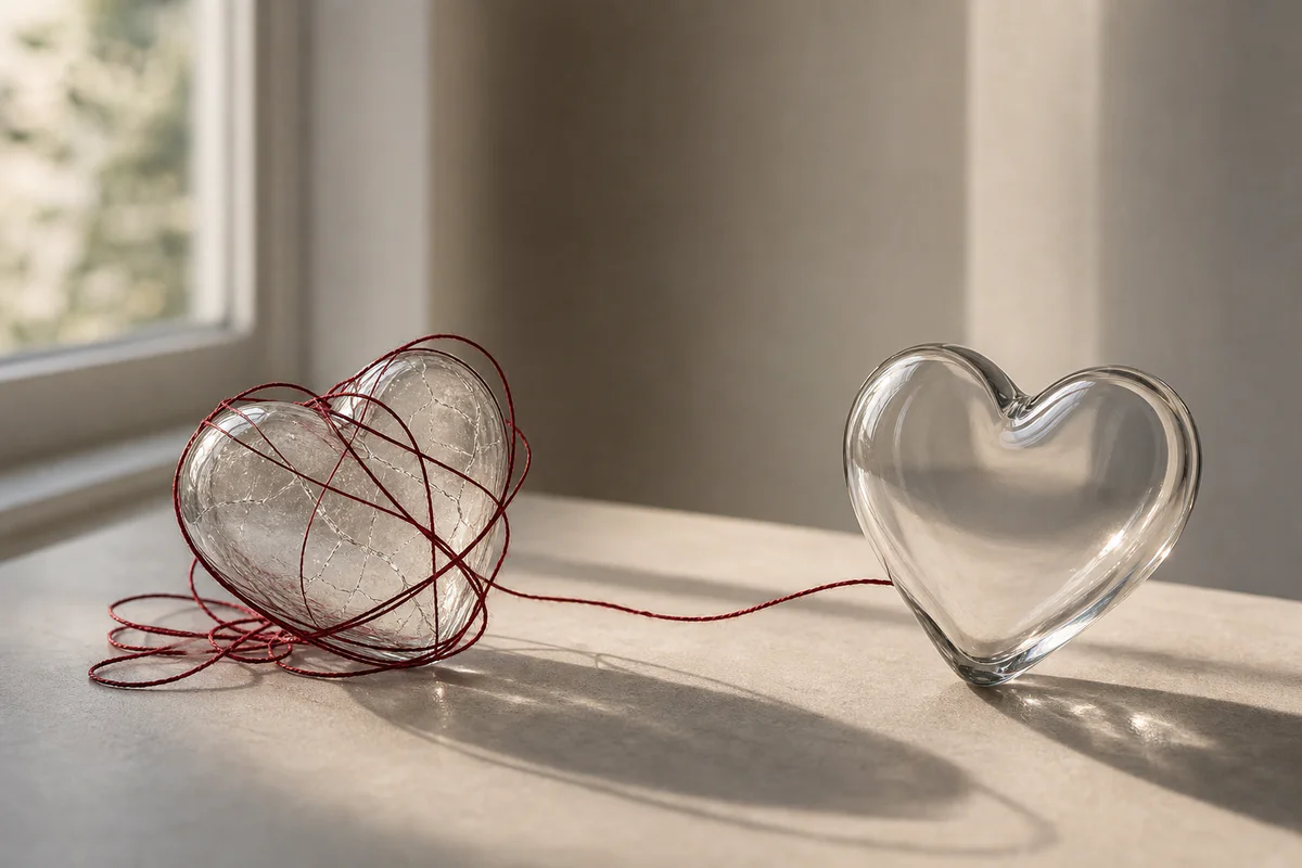 Two glass hearts linked by a tangled red thread, symbolizing a toxic romantic relationship and the need to recognize emotiona