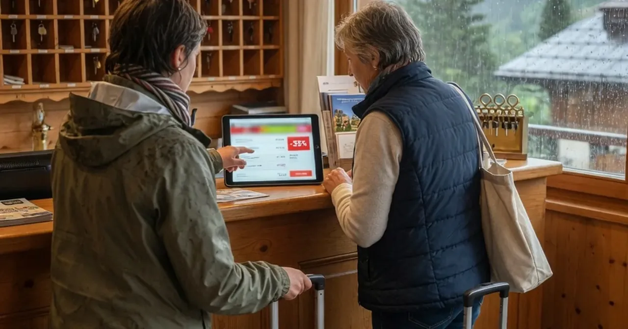 Deux adultes à la réception préparent un week-end alpin