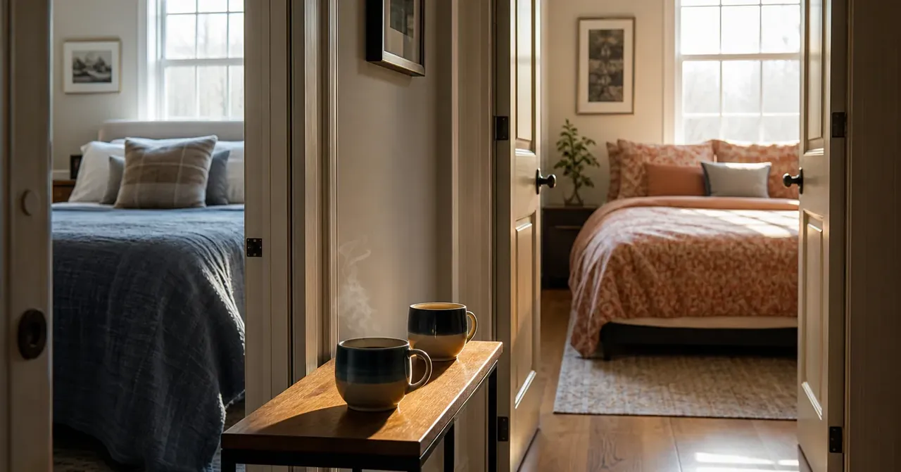 Deux tasses de thé fumantes entre deux chambres ensoleillées
