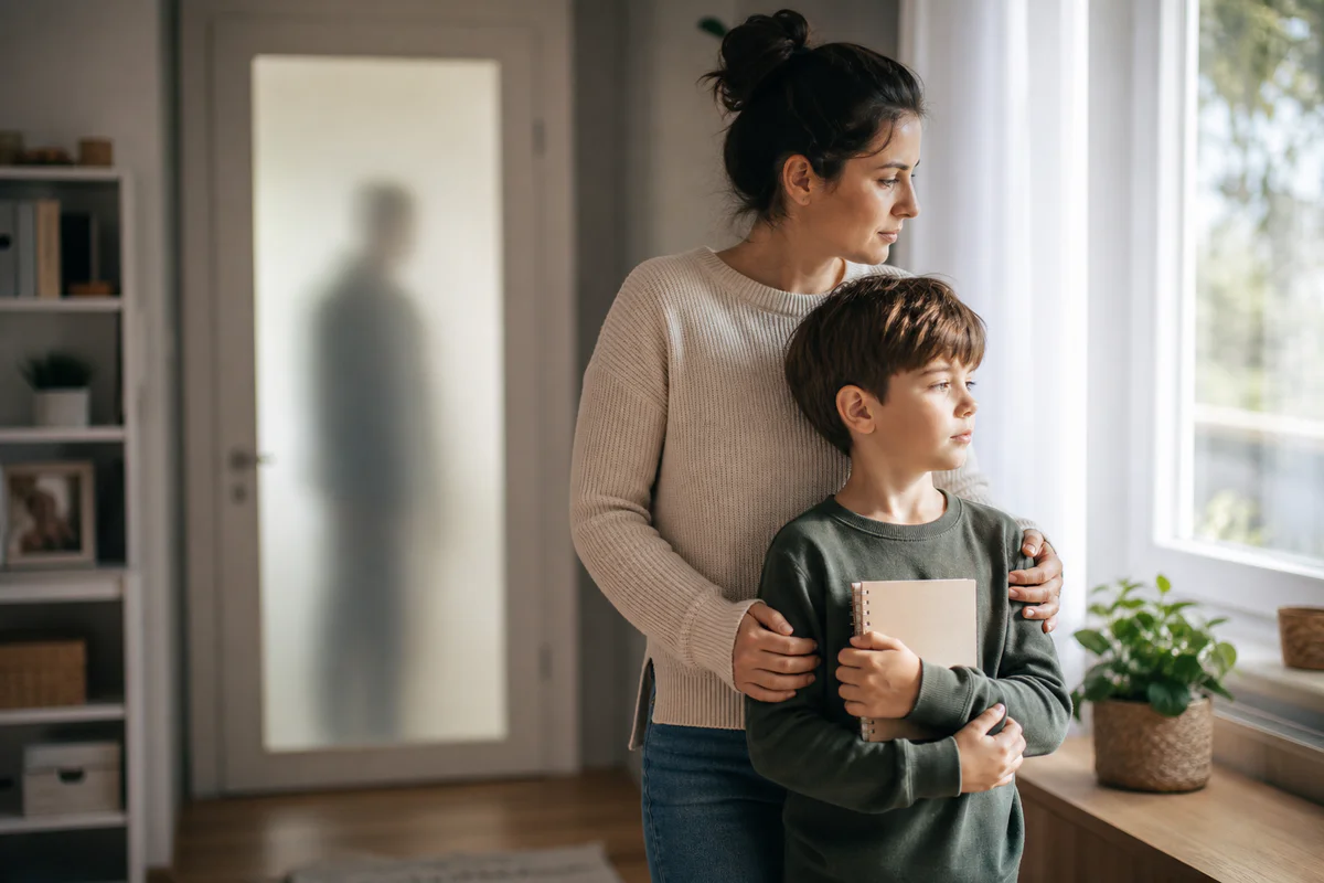 A young boy in a calm home setting with a protective parent nearby and a distant adult silhouette behind glass, symbolizing b