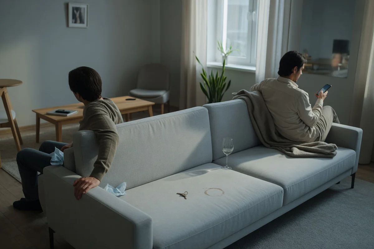 Two people sit apart in a quiet living room, suggesting emotional distance and repeated tension in a relationship.