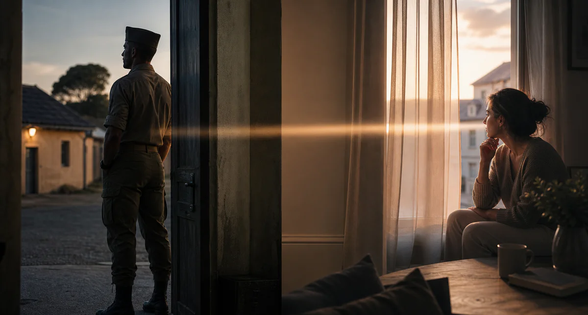 Image symbolique d’un couple séparé par les obligations militaires, évoquant l’absence, l’attachement et l’équilibre à constr