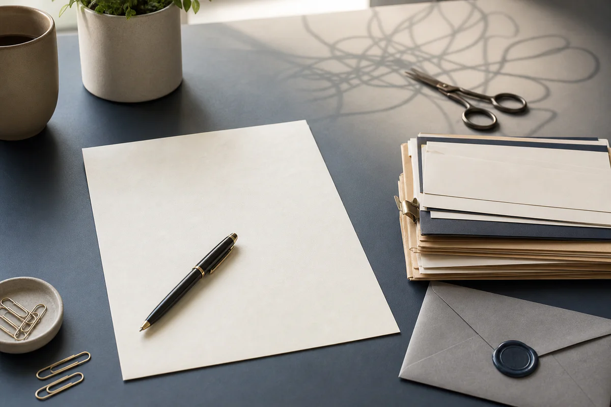 A formal letter and organized documents on a desk, with subtle cut strings symbolizing clarity and protection from manipulati