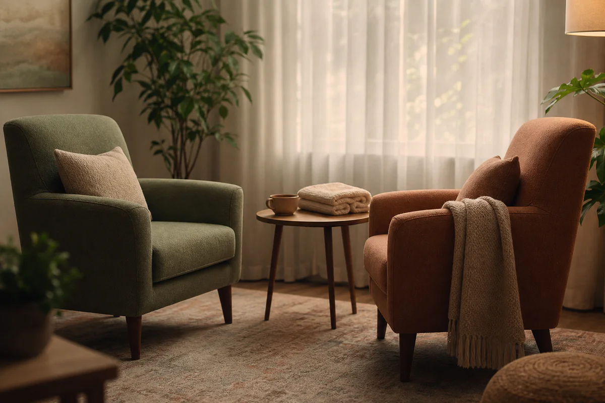 Salon thérapeutique chaleureux avec deux fauteuils face à face, lumière naturelle douce et ambiance rassurante, illustrant un