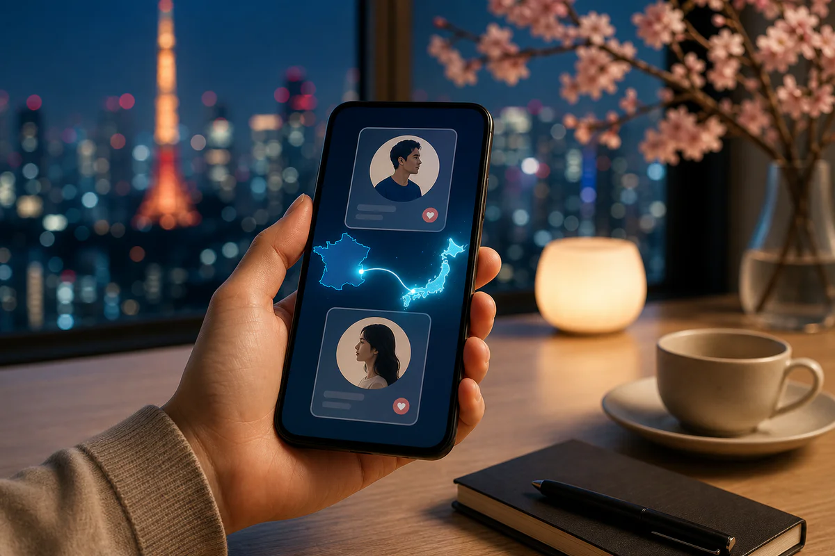 Smartphone with abstract dating profile cards connecting France and Japan in a modern, calm setting.