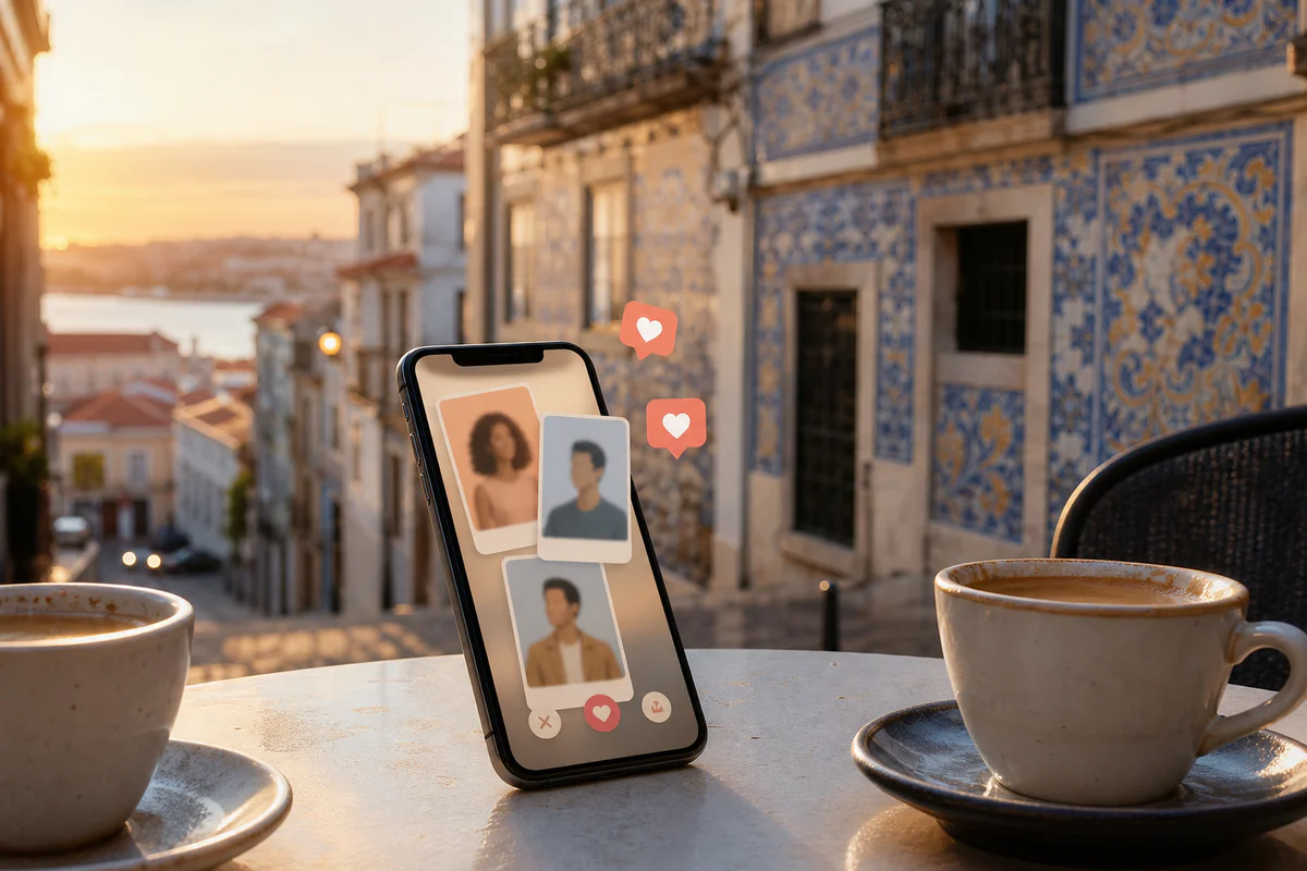 Smartphone on a Portuguese cafe table suggesting online dating in Portugal, with warm city architecture in the background.