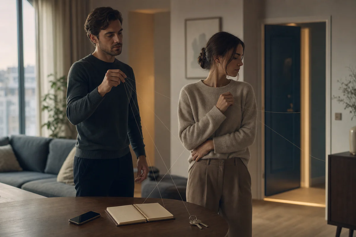 Image symbolique d'un couple où une aide apparemment bienveillante devient une forme subtile de contrôle.