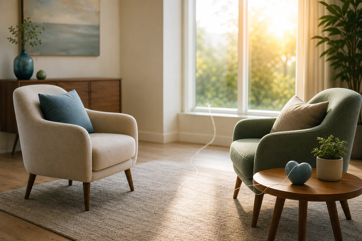 Serene therapy room with two chairs and a symbolic ribbon gently untangling, representing support for emotional dependency.
